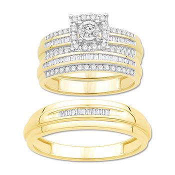 3PC  Trio Set Featuring 3/4 CT. T.W. Diamond 10K Two Tone Gold Womens Size 7 Bridal Set and Mens Size 10.5 Band