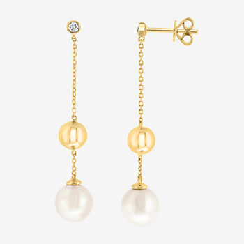 Effy  Diamond Accent Genuine White Cultured Freshwater Pearl 14K Gold Over Silver Drop Earrings