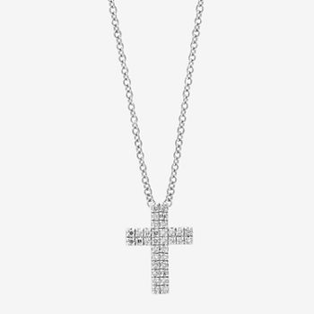 Effy  Womens 1/10 CT. T.W. Genuine Diamond Sterling Silver Cross Pendant Necklace