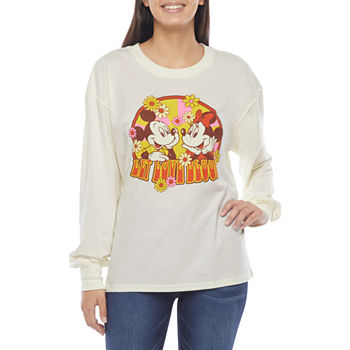 Mighty Fine Juniors Womens Crew Neck Long Sleeve Mickey Mouse Minnie Mouse Graphic T-Shirt