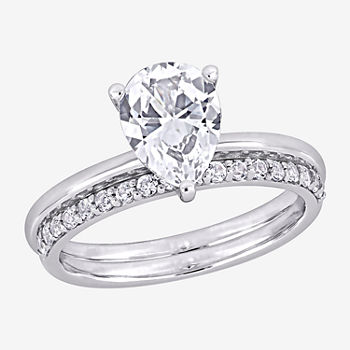 Womens Lab Created White Sapphire 10K White Gold Pear Solitaire Bridal Set