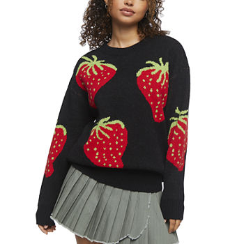 Forever 21 Juniors Strawberries Aop Sweater Womens Crew Neck Long Sleeve Pullover Sweater