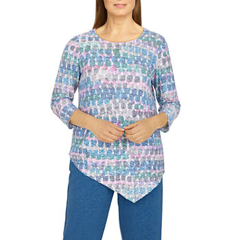 Alfred Dunner Floral Park Womens Round Neck 3/4 Sleeve T-Shirt