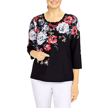 Alfred Dunner Empire State Womens Round Neck 3/4 Sleeve Embellished Blouse