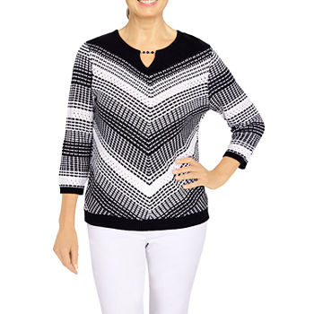 Alfred Dunner Empire State Womens Split Crew Neck 3/4 Sleeve Chevron Pullover Sweater
