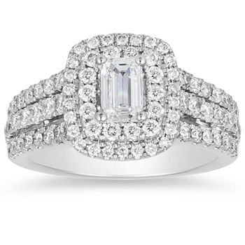 Womens 1 3/4 CT. T.W. Genuine White Diamond 14K White Gold Rectangular Halo Engagement Ring
