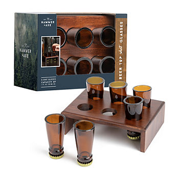 Hammer + Axe Beer Top Shot Glass Set, 6 Bottle Neck Glasses With Wood Display Stand
