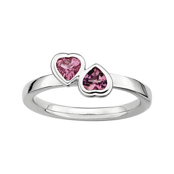 Personally Stackable Genuine Pink Tourmaline Sterling Silver Double-Heart Ring