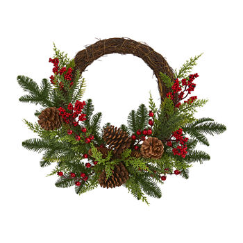 Nearly Natural 22in. Mixed Pine And Cedar With Berries And Pinecones Indoor Christmas Wreath