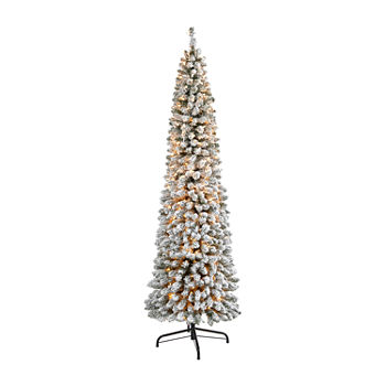 Nearly Natural 7 Foot Flocked Pencil Pine With 574 Bendable Branches And 400 Clear Lights Pre-Lit Christmas Tree