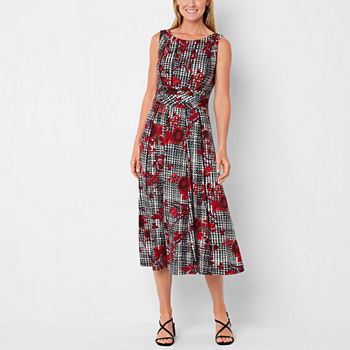 Perceptions Sleeveless Floral Houndstooth Midi Fit + Flare Dress
