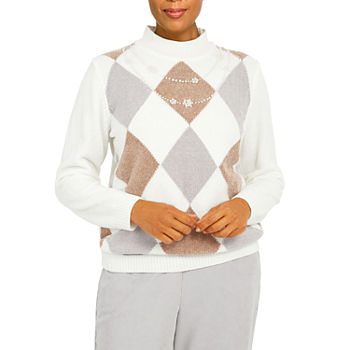 Alfred Dunner Stonehenge Womens Mock Neck Embellished Long Sleeve Argyle Pullover Sweater