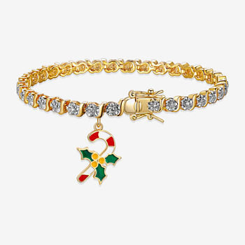 Sparkle Allure Candy Cane Charm Diamond Accent 14K Gold Over Brass 7.25 Inch Link Tennis Bracelet