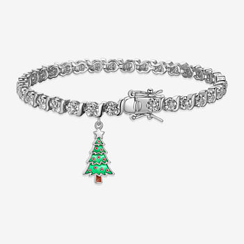 Sparkle Allure Christmas Tree Charm Diamond Accent Pure Silver Over Brass 7.25 Inch Link Tennis Bracelet