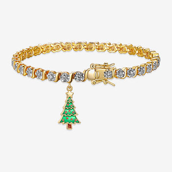 Sparkle Allure Christmas Tree Charm Diamond Accent 14K Gold Over Brass 7.25 Inch Link Tennis Bracelet