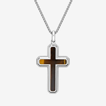Mens Brown Tiger's Eye Stainless Steel Cross Pendant Necklace