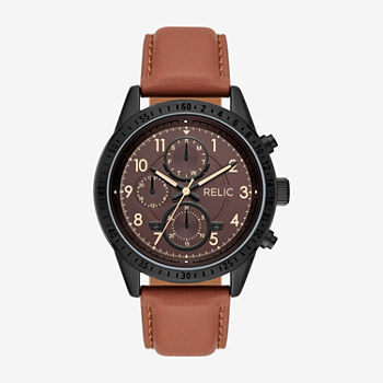 Relic By Fossil Mahoney Mens Multi-Function Brown Leather Strap Watch Zr15983