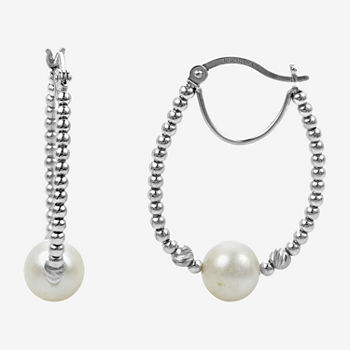 Genuine White Cultured Freshwater Pearl Sterling Silver 32mm Hoop Earrings
