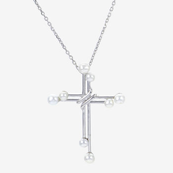 Womens Genuine White Cultured Freshwater Pearl Sterling Silver Cross Pendant Necklace