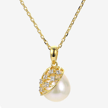 Womens Genuine White Cultured Freshwater Pearl 14K Gold Over Silver Pendant Necklace