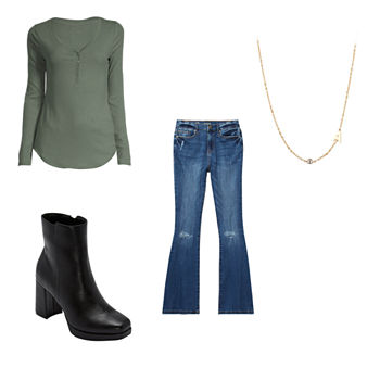 a.n.a Henley, Flare Jeans, Boots, Necklace