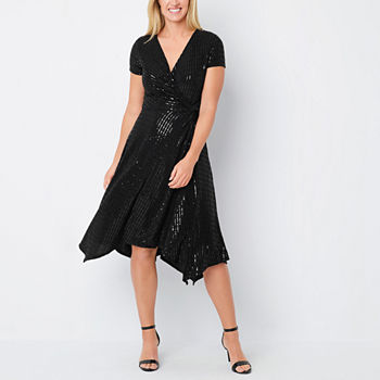 Perceptions Short Sleeve Shimmer Dot Midi Fit + Flare Dress