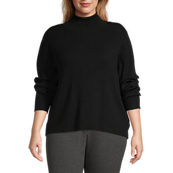Worthington Plus Womens High Neck Long Sleeve Pullover Sweater