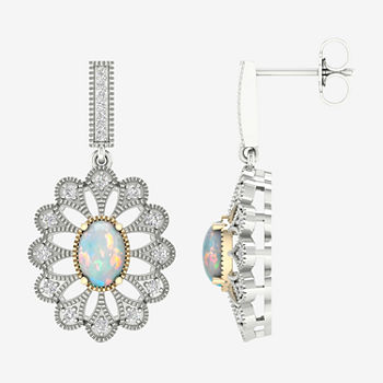 Lab Created Multi Color Opal 10K White Gold Sterling Silver Drop Earrings