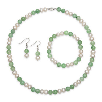 Sterling Silver Cultured Freshwater Pearl & Dyed Green Jade 3-pc. Jewelry Set