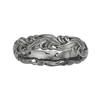 Personally Stackable Black Sterling Silver Carved Wave Ring