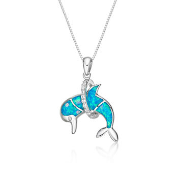 Womens Lab Created Blue Opal Sterling Silver Pendant Necklace