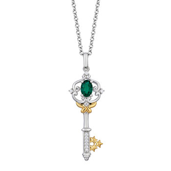Enchanted Disney Fine Jewelry Womens Diamond Accent Lab Created Green Emerald 14K Gold Over Silver Sterling Silver Keys Tinker Bell Pendant
