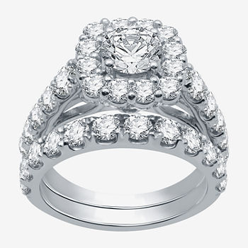 Womens 4 CT. T.W. Lab Grown White Diamond 10K White Gold Cushion Side Stone Halo Bridal Set