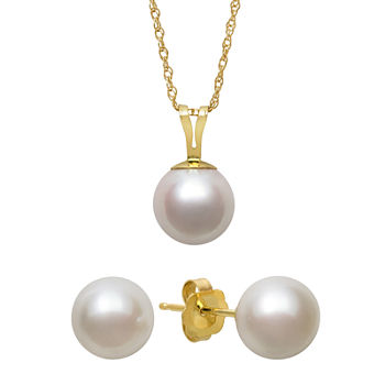 Cultured Akoya Pearl 14K Gold Pendant Earring and Necklace Set