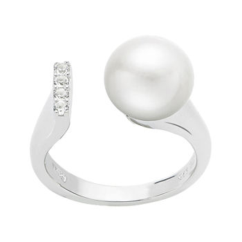 Cultured Freshwater Pearl and Genuine White Topaz Sterling Silver Open Ring