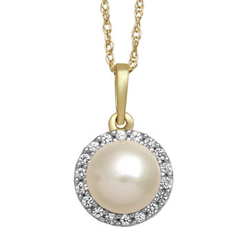 Cultured Freshwater Pearl and White Sapphire 10K Yellow Gold Halo Pendant Necklace