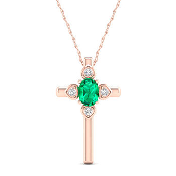 Womens Genuine Green Emerald 10K Rose Gold Cross Pendant Necklace