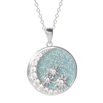 Womens White Cubic Zirconia Sterling Silver Moon Round Star Pendant Necklace