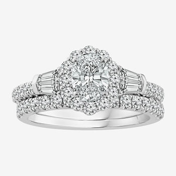 Signature By Modern Bride Womens 2 CT. T.W. Lab Grown White Diamond 10K White Gold Oval Side Stone Halo Bridal Set