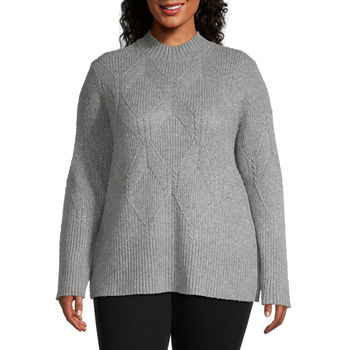 Liz Claiborne Plus Womens Mock Neck Long Sleeve Pullover Sweater