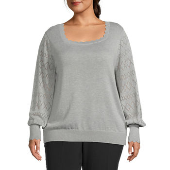 Liz Claiborne Plus Womens Square Neck Long Sleeve Pullover Sweater