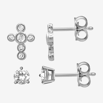 Itsy Bitsy Sterling Silver 2 Pair Cubic Zirconia Cross Earring Set