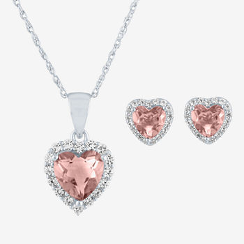 Simulated Pink Morganite Sterling Silver Heart 3-pc. Jewelry Set