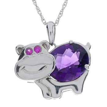 Lab-Created Amethyst and Ruby Hippo Sterling Silver Pendant Necklace