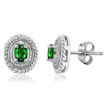 Diamond Accent Genuine Green Chrome Diopside Sterling Silver 8.8mm Stud Earrings