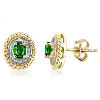Diamond Accent Genuine Green Chrome Diopside 14K Gold Over Silver 8.8mm Stud Earrings