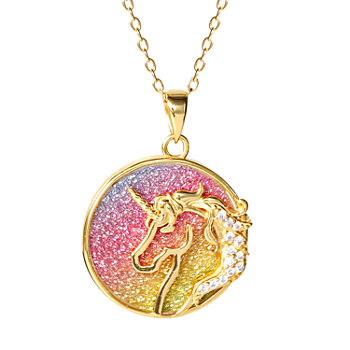 Unicorn Womens White Cubic Zirconia 14K Gold Over Silver Round Pendant Necklace