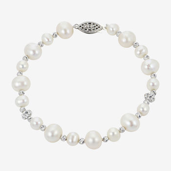 Genuine White Cultured Freshwater Pearl Sterling Silver Beaded Bracelet