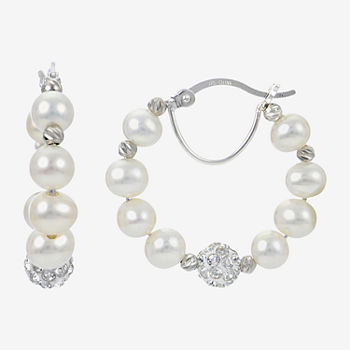 Genuine White Cultured Freshwater Pearl Sterling Silver 25mm Hoop Earrings