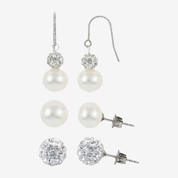 Genuine White Cultured Freshwater Pearl Sterling Silver 3 Pair Earring Set